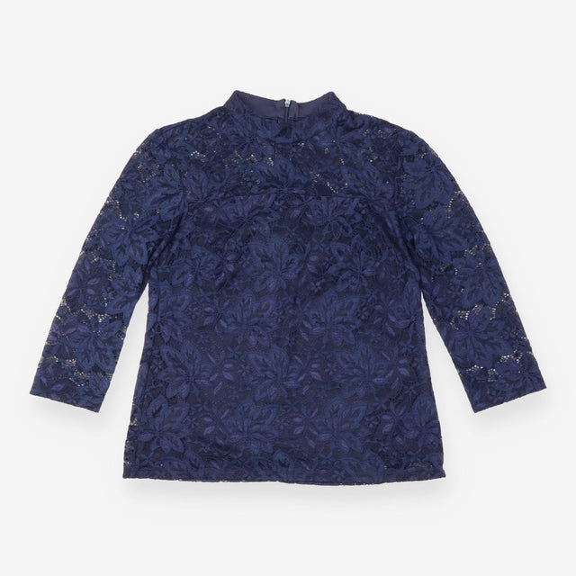 Navy Blue Floral Lace High Neck Top