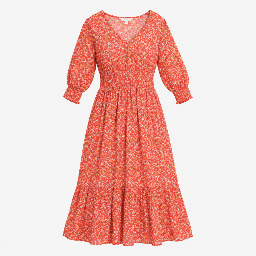 Floral Maxi Dress Coral Red V Neck 3/4 Sleeve