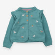 knit Cardigan Blue with Ruffle Shoulders and Embro