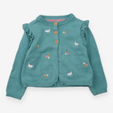 knit Cardigan Blue with Ruffle Shoulders and Embro