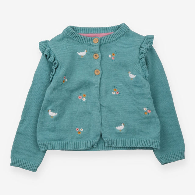 knit Cardigan Blue with Ruffle Shoulders and Embro