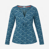 Top Blue Patterned Long Sleeve V-Neck