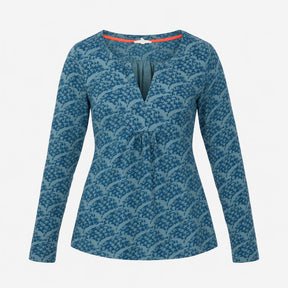 Top Blue Patterned Long Sleeve V-Neck