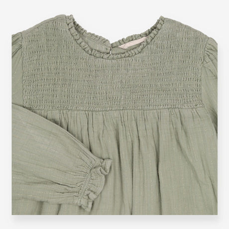 Dress LS muslin gold threads smocked