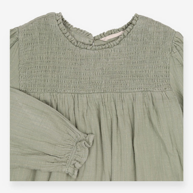 Dress LS muslin gold threads smocked