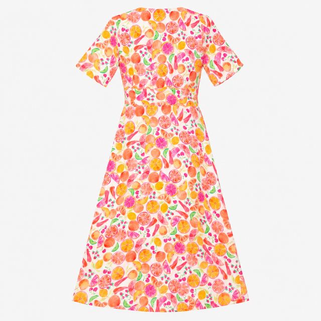 Dress White Citrus Cherry Print V Neck Midi
