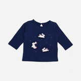 Long Sleeve Bunny Applique Blue T-shirt