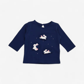 Long Sleeve Bunny Applique Blue T-shirt