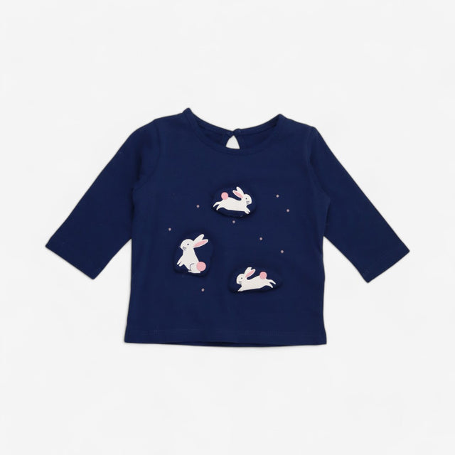 Long Sleeve Bunny Applique Blue T-shirt