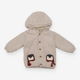 Knitted Hooded Cardigan Light Brown with Penguins