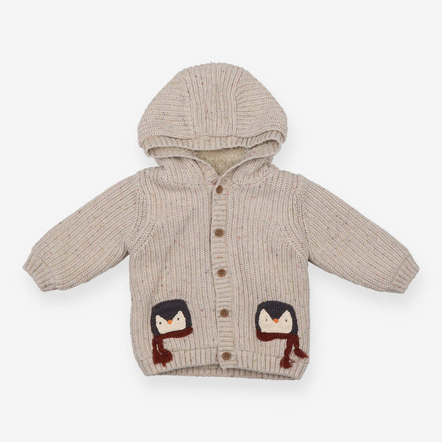 Knitted Hooded Cardigan Light Brown with Penguins