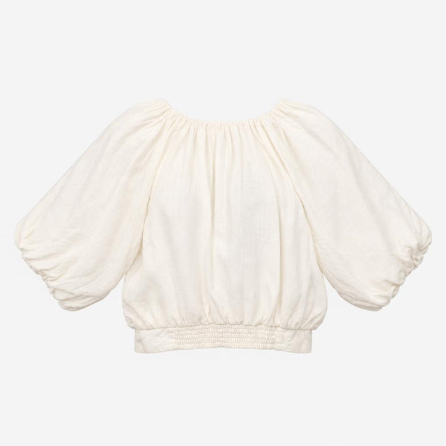 Top 100% Linen V-Neck Puff Sleeve Loire Off White