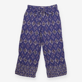 Wide Leg Trousers Blue Boho Print Tie Waist