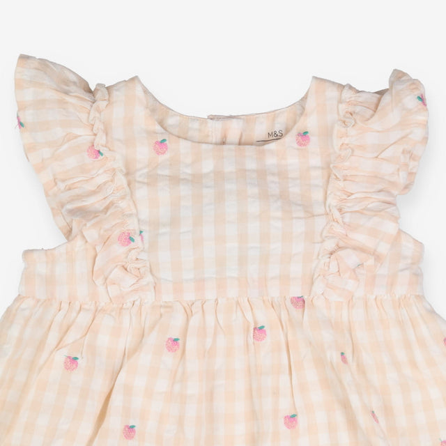 Dress SS white peaches lined frill shoulders