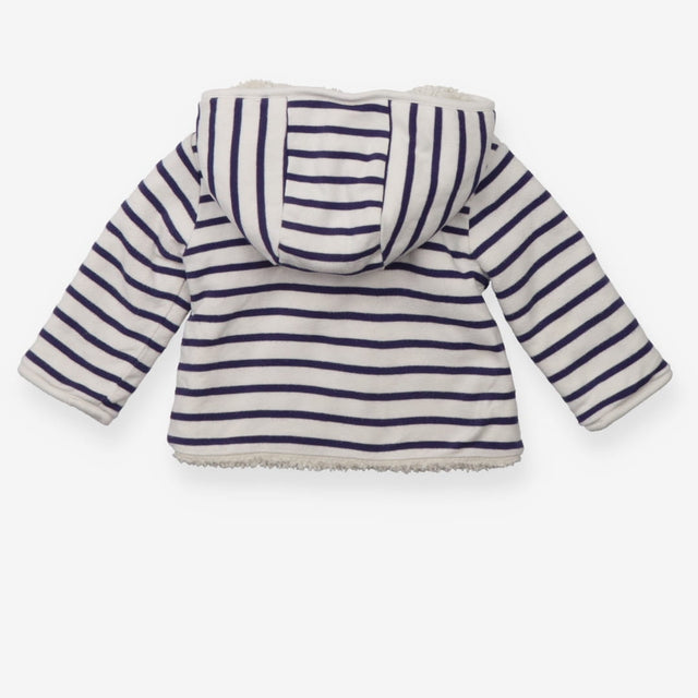 White fleece lined zip hoodie with blue stripes