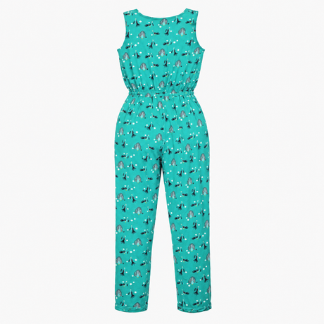 Jumpsuit Teal Green Peacock Print Organic Cotton S
