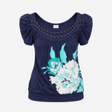 Top Navy Blue Floral Print Cap Sleeve Scoop Neck