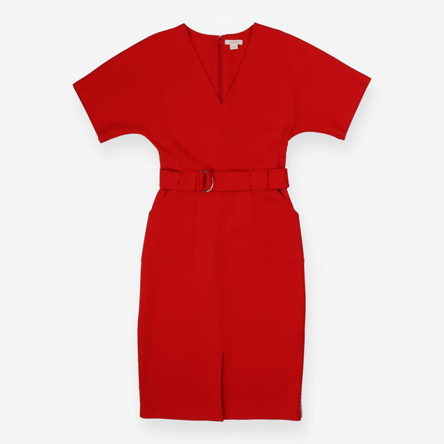 Red Angel Sleeve Midi Dress with Silver Buckle Bel