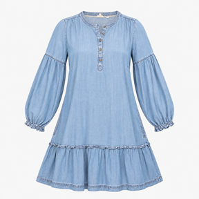 Denim Look Tunic Dress Blue Lyocell Long Sleeve