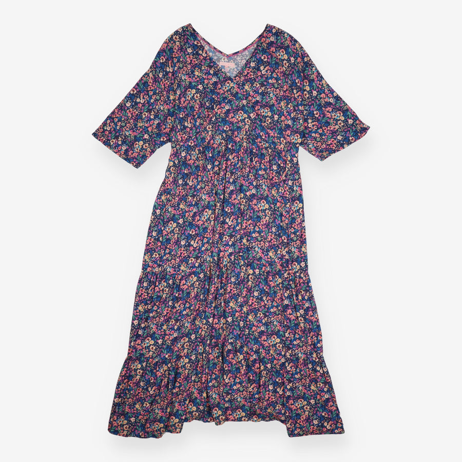 Maxi Dress Navy Multicolour Floral V Neck Tiered