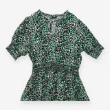 Dress Green Animal Print Smocked Midi Short Sleeve