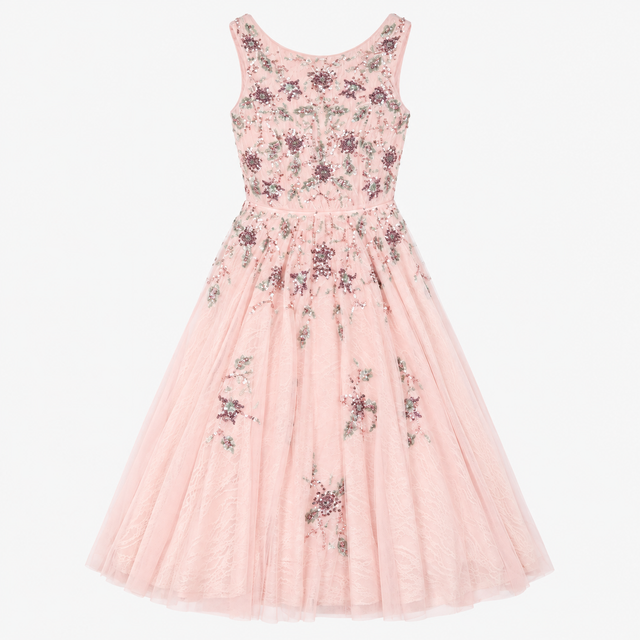 Midi Dress Blush Pink Floral Sequin Beaded Tulle A