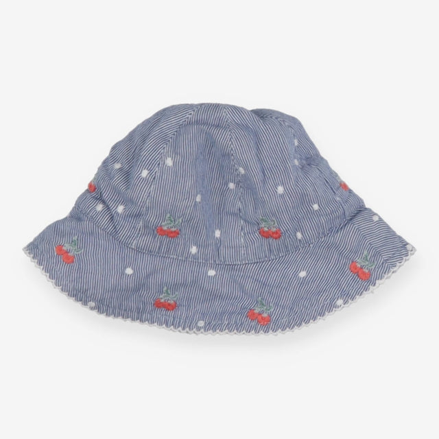 Blue and white striped sunhat with cherries