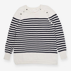 White and navy striped knit sweater dress maternit