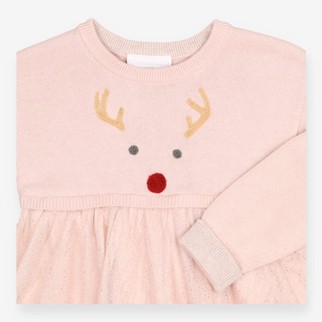 Festive Dress Light Pink Half Knitted with reindee