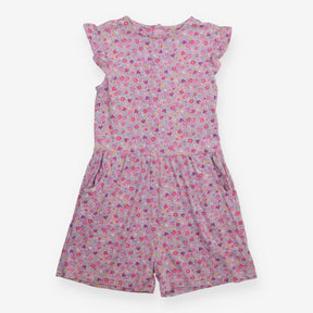 Shortie Jumpsuit Ruffle Shoulders Pink Ditsy Flowe