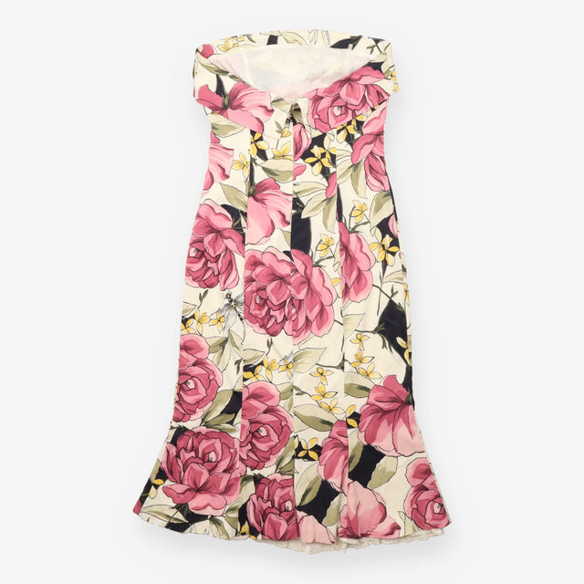 Y2K Midi Skirt Floral Rose Print A-Line Cream Pink