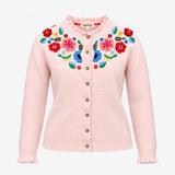 Cardigan Pink Floral Embroidered Long Sleeve Crew 