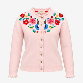 Cardigan Pink Floral Embroidered Long Sleeve Crew 