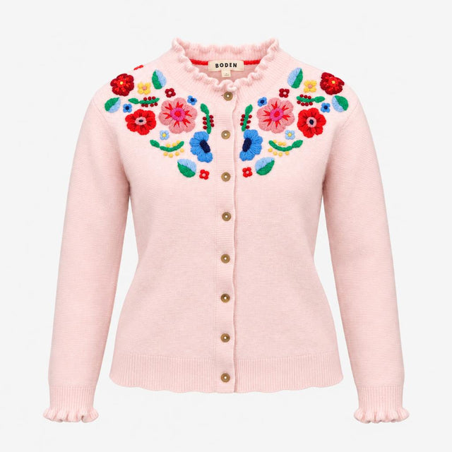 Cardigan Pink Floral Embroidered Long Sleeve Crew 