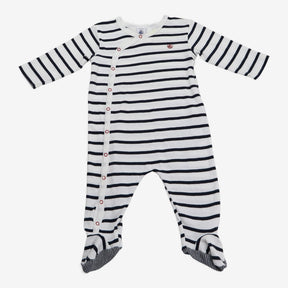 Blue and white striped sleepsuit sail boat