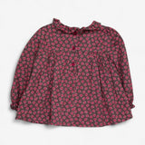 Blouse Woven Brown with Pink Roses and Buttons