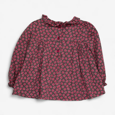 Blouse Woven Brown with Pink Roses and Buttons