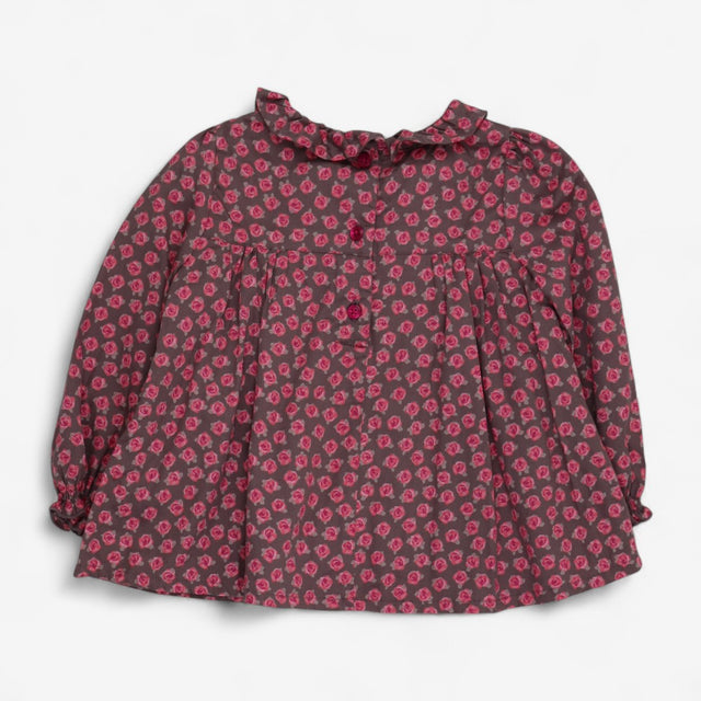 Blouse Woven Brown with Pink Roses and Buttons