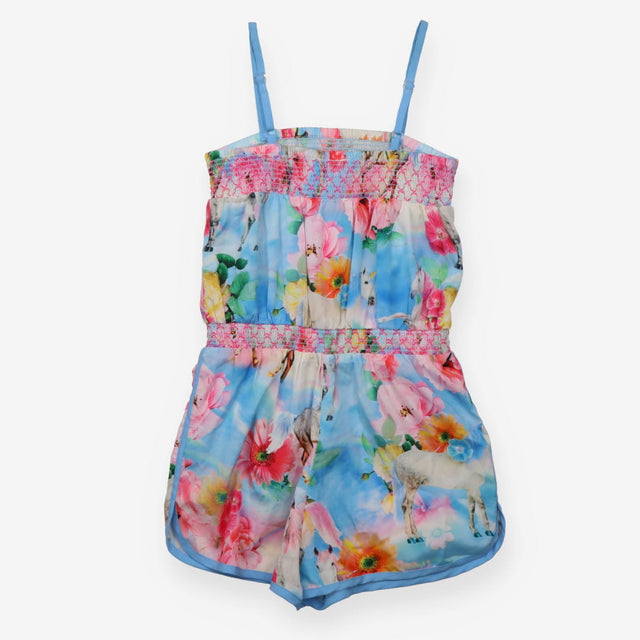 Romper Woven Blue Pink Flowers Unicorns and Horses