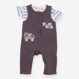 Outfit Grey Dungarees striped SS tee