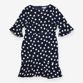 Navy Polka Dot Dress Midi Length