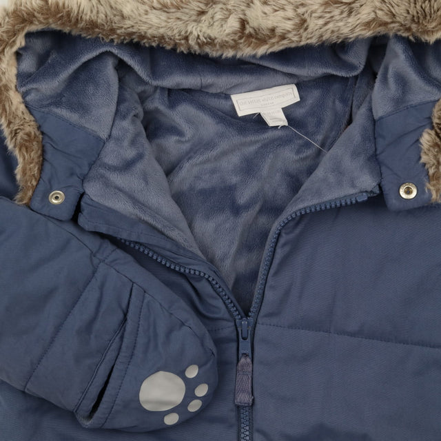 Blue fleece lined pramsuit with fur trim hood