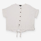 Tie Front Top White Cotton Button Detail