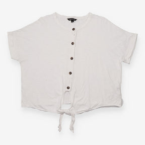 Tie Front Top White Cotton Button Detail