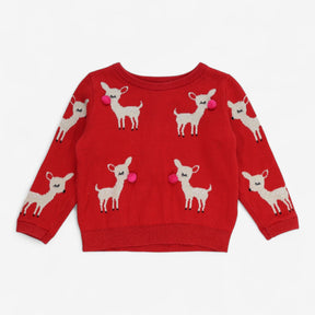 Red Knit Deer with Pink Pom Pom Sweater