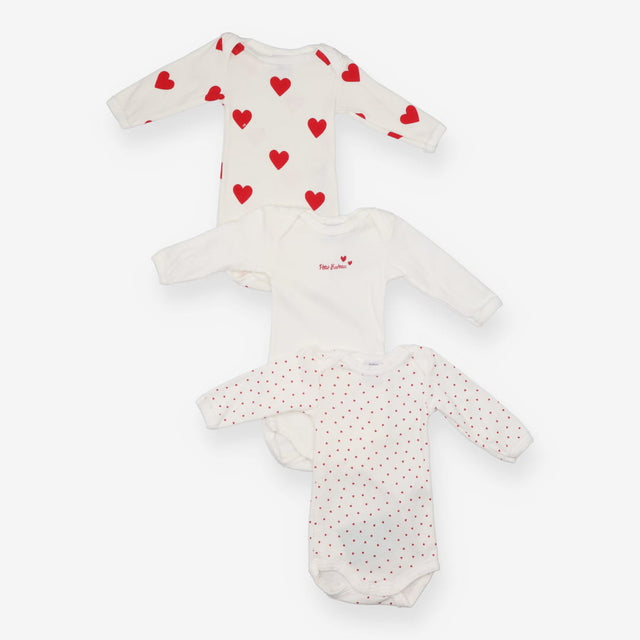 Bodysuits long sleeve white with red hearts 3 pack