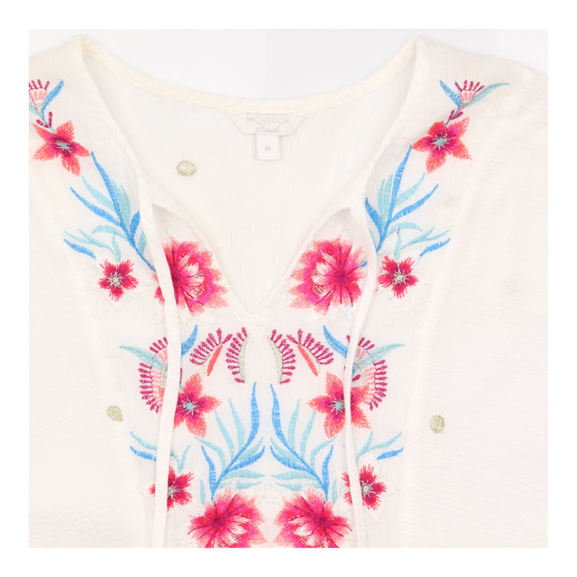 Tunic Top White Floral Embroidered Cotton Tassel T
