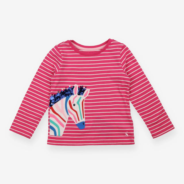 Pink striped LS top with sequin rainbow zebra
