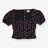 LPA Floral Black Crop Top – Pink Roses, Square Nec