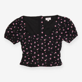 LPA Floral Black Crop Top – Pink Roses, Square Nec